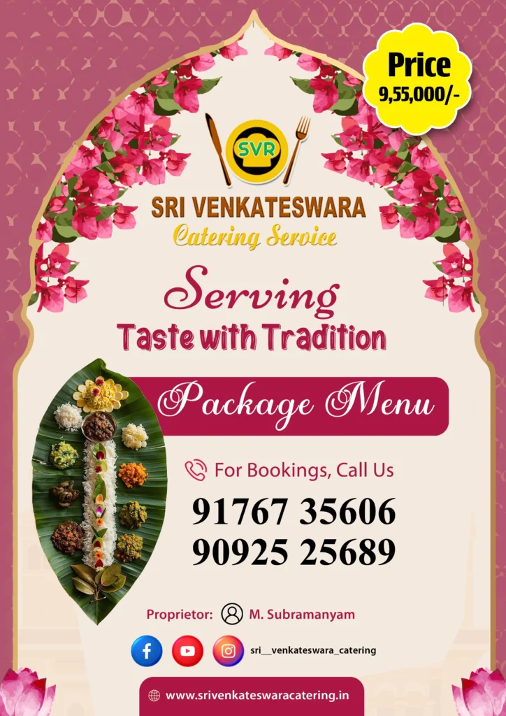 Sri Venkateswara Catering Diamond Package menu featuring a premium traditional South Indian banana leaf meal for weddings, receptions, and special events in Chennai.