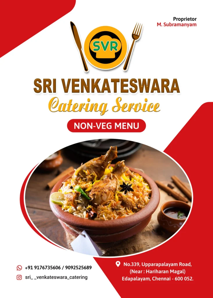 Sri Venkateswara Catering Service non-vegetarian menu featuring chicken biryani and South Indian catering in Chennai.